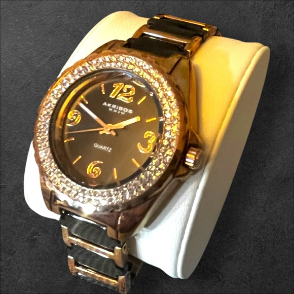 Women's Akribos XXIV Watch. Black & Rose Gold with Crystals, One Size - Picture 3 of 14
